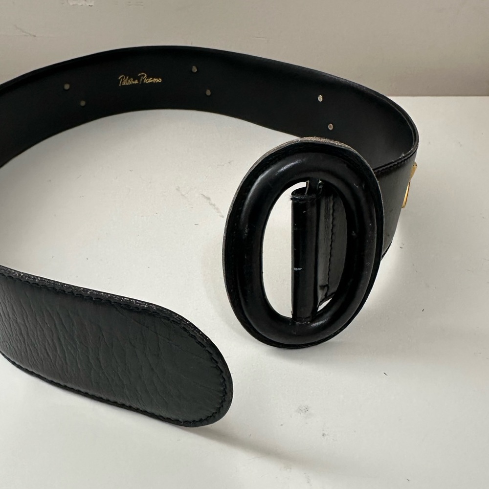 Vintage Paloma Picasso Black Leather Wide Waist Belt Gold Tone X Hardware Size S - Picture 5 of 11